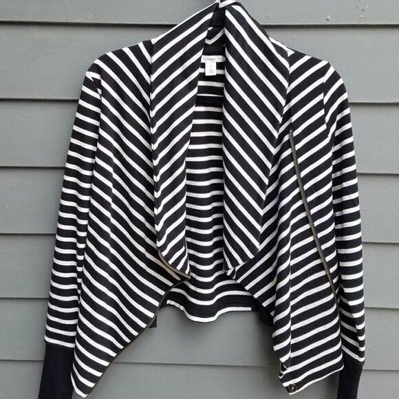 Caslon (Nordstrom) Black/White Striped Sweater/Sweatshirt/MOTO Jacket Size Small - Picture 4 of 13